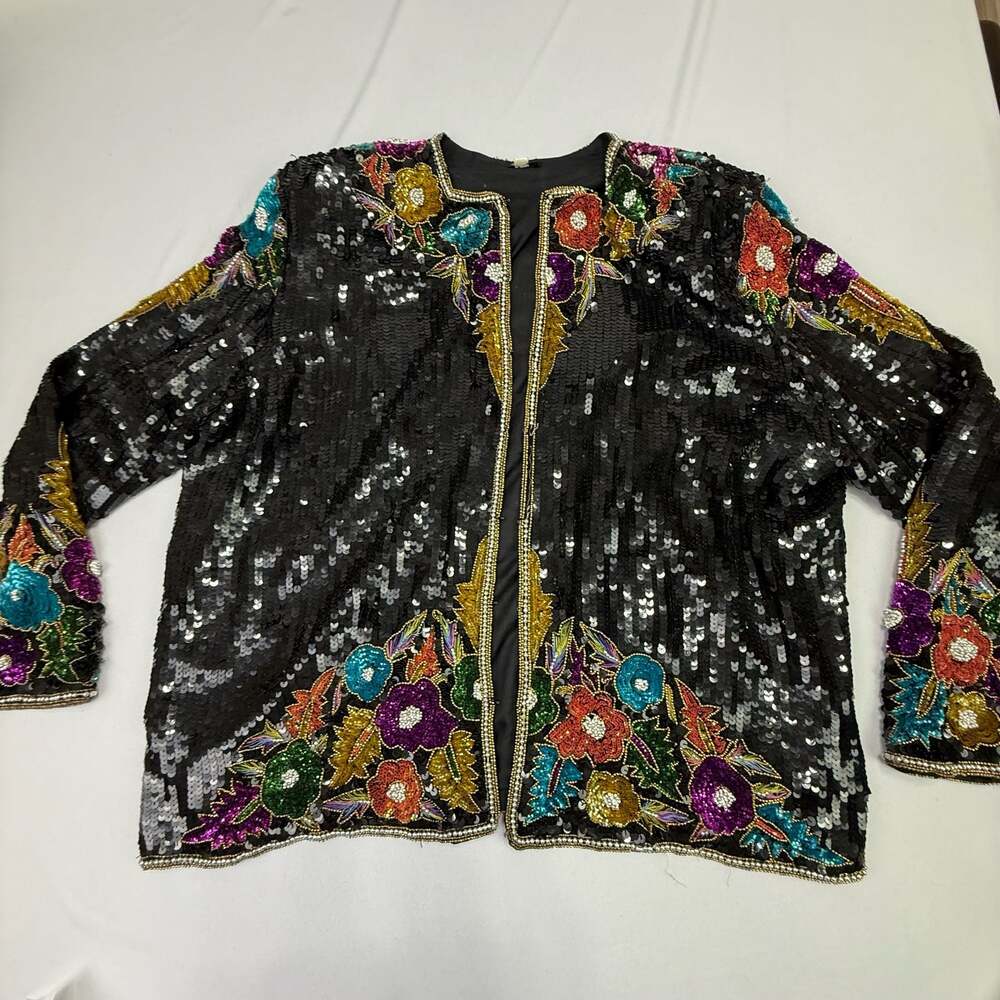 Vintage 100% Silk Black Sequin Embellished Floral Beaded Evening Jacket Size 3X